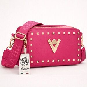 Valentino Orlandi Pink Studded Crossbody Bag Vegan Leather Gold Logo NWT